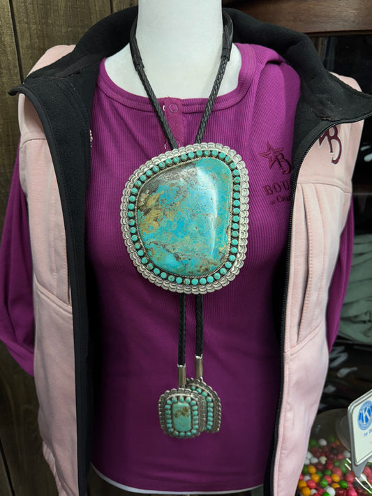 Artist Stamped Sterling Silver Turquoise Statement Bolo Tie