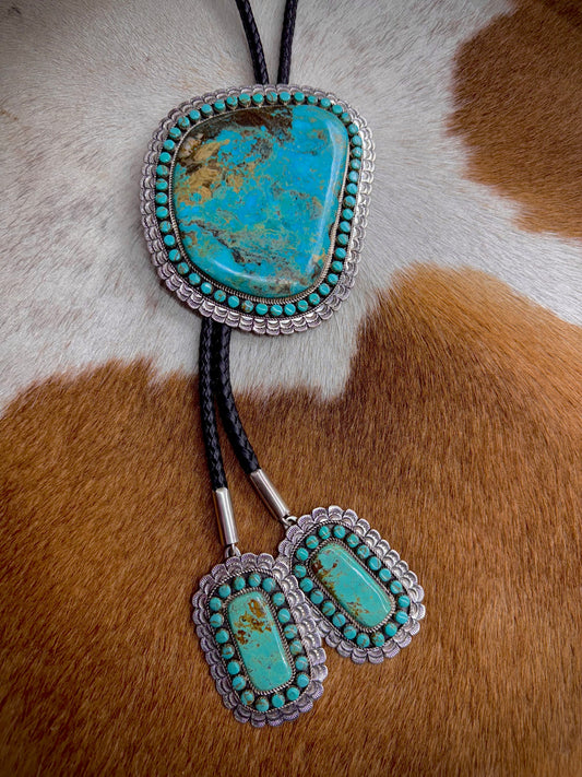 Artist Stamped Sterling Silver Turquoise Statement Bolo Tie