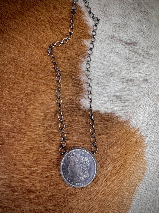 1921 Morgan Silver Dollar Sterling Silver Necklace - Artist Stamped