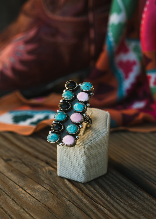 Sterling turquoise, pink and onyx Adjustable Statement Rings