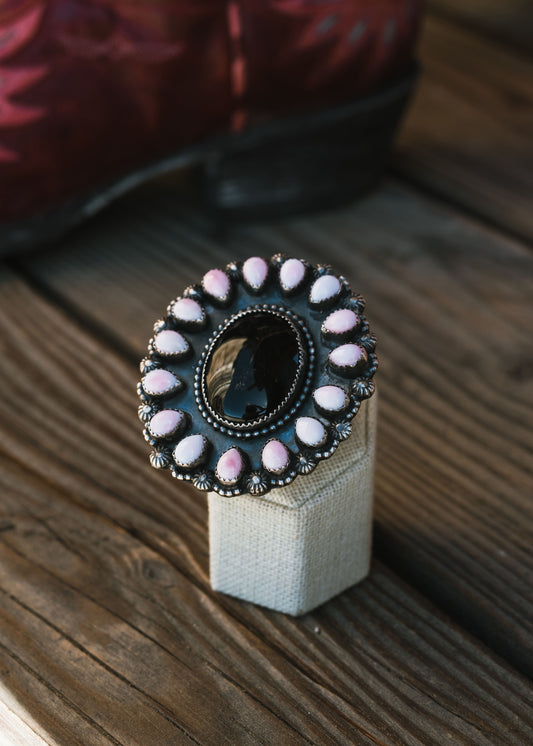 Onyx & Pink Conch Sterling Silver Statement Adjustable Ring