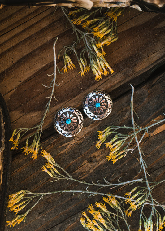 Native American Sterling Silver Turquoise Concho Stud Earrings