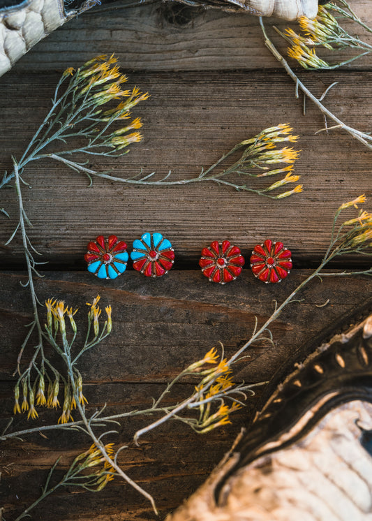 Pin Wheel Stud Earrings in Authentic Blue Turquoise Stones or Deep Red Coral Stones Set in Sterling Silver and marked