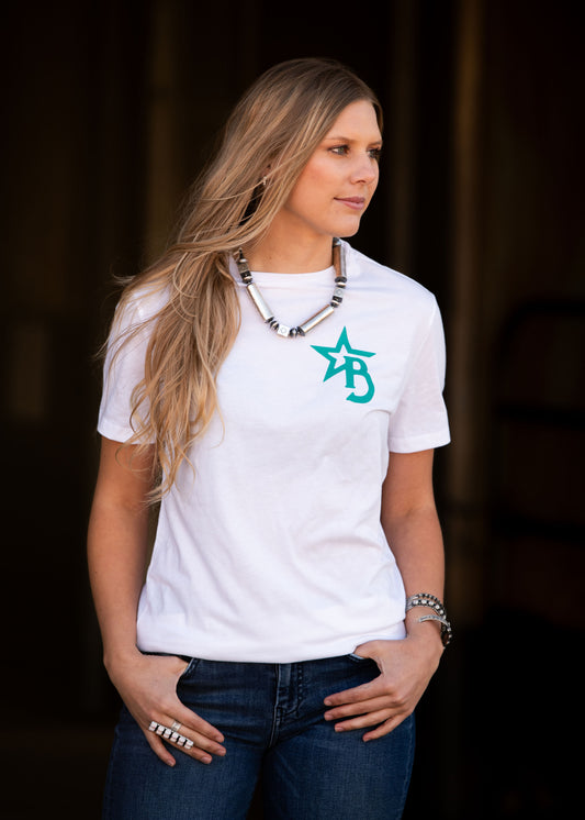 Unisex White and Teal Bougie Cattle Co. T-Shirt
