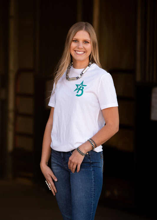 Unisex White and Teal Bougie Cattle Co. T-Shirt