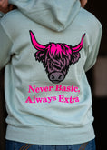 Load image into Gallery viewer, Teal & Hot Pink Highland Cow "Never Basic Always Extra"
