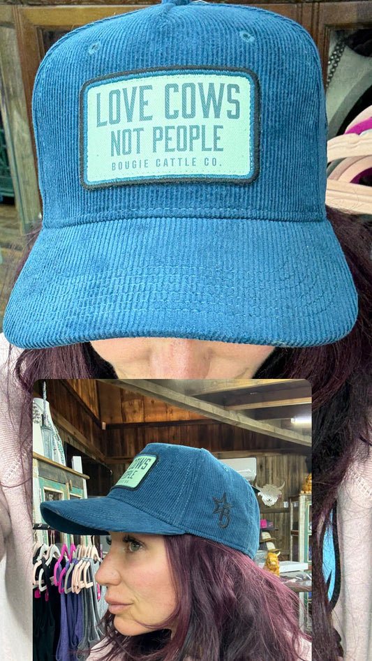 "Love cows, not people" Blue Corduroy Patch Trucker Hat