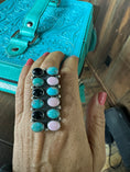 Load image into Gallery viewer, Sterling turquoise, pink and onyx Adjustable Statement Rings
