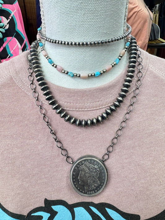 1921 Morgan Silver Dollar Sterling Silver Necklace - Artist Stamped