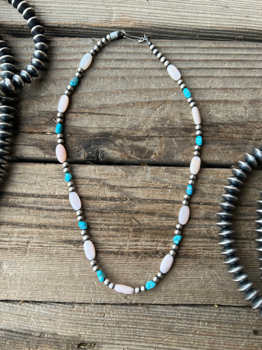 Sterling Silver Turquoise Navajo Pearl Necklace 7 1/2 Inches
