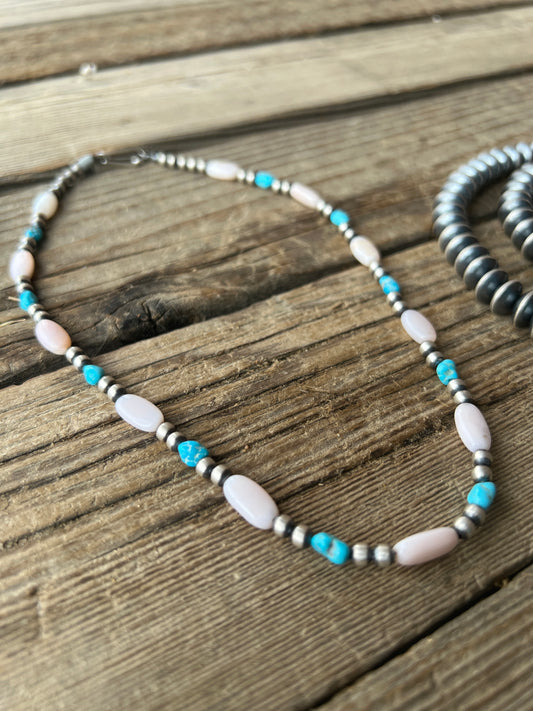 Sterling Silver Turquoise Navajo Pearl Necklace 7 1/2 Inches