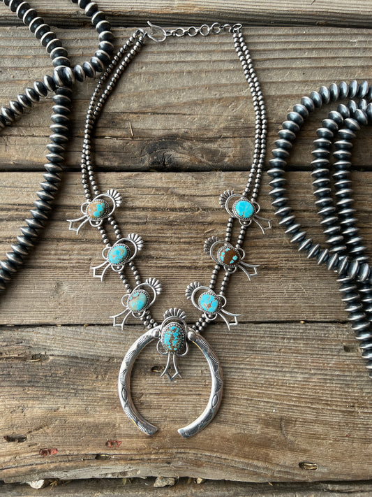 Sterling Silver Turquoise Navajo Pearl Squash Blossom