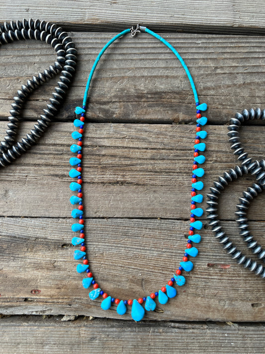 Sterling Silver Turquoise, Coral And Blue Jade Necklace