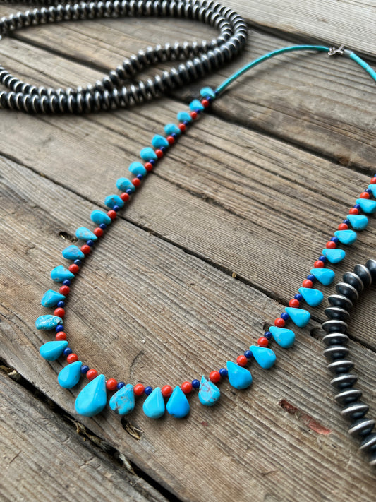 Sterling Silver Turquoise, Coral And Blue Jade Necklace