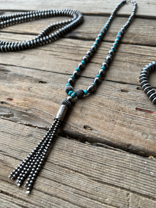 Sterling Silver Turquoise Navajo Beaded Tassel Necklace