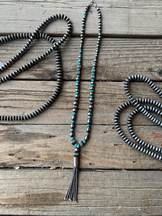 Sterling Silver Turquoise Navajo Beaded Tassel Necklace