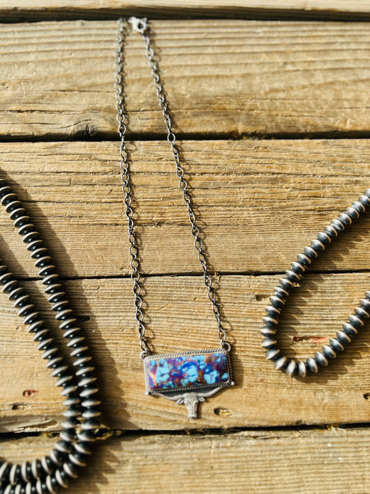 Sterling Silver Mixed Turquoise & Purple Spiny Oyster Bar Necklace