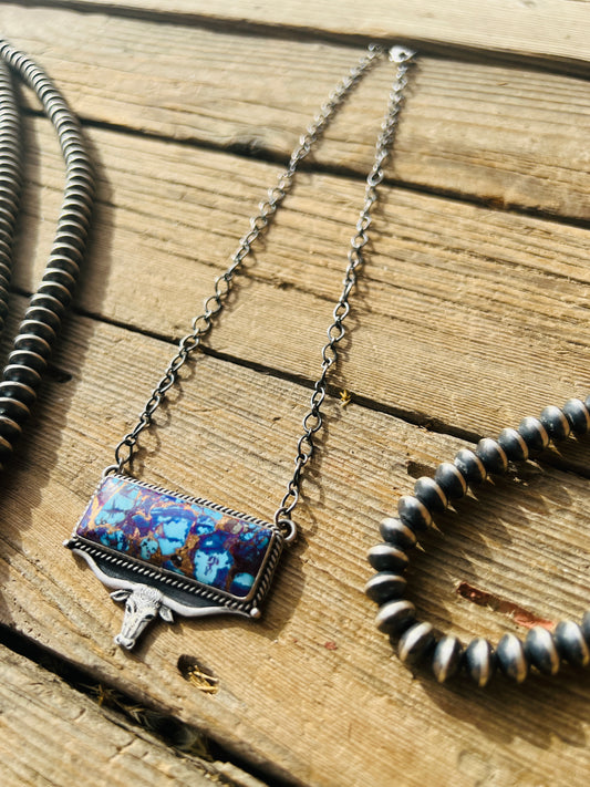Sterling Silver Mixed Turquoise & Purple Spiny Oyster Bar Necklace