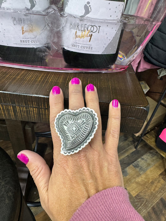 Native American Artist marked Hand Stamped Sterling Silver Heart Adjustable Concho Ring, Sterling Silver