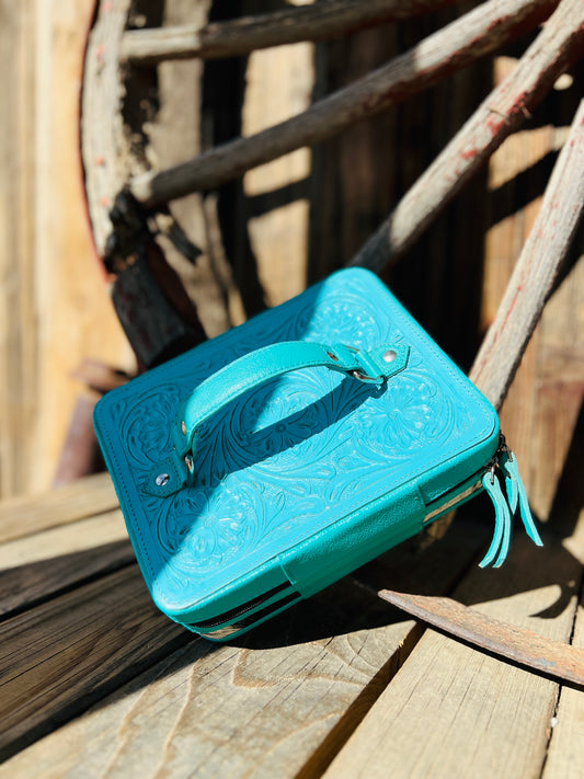 Turquoise Tooled Leather & Cowhide Jewelry Box