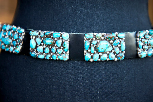 Vintage Native American Sterling Silver Concho Belt with RARE Mountain Turquoise