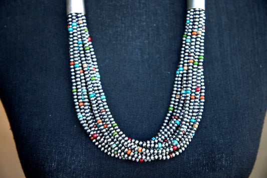 Native American Sterling Silver Layered Navajo Multi-Color Bead 12 Strand Necklace