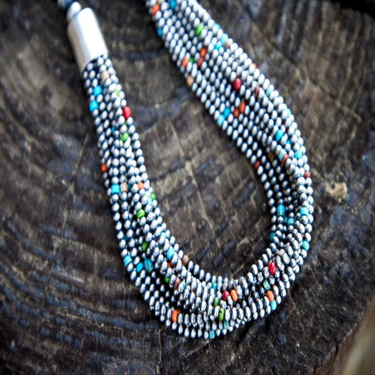 Native American Sterling Silver Layered Navajo Multi-Color Bead 12 Strand Necklace