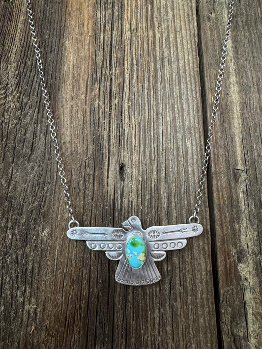 Russell Sam Handmade Native American Sterling Silver Thunderbird with Turquoise - Artist Stamped