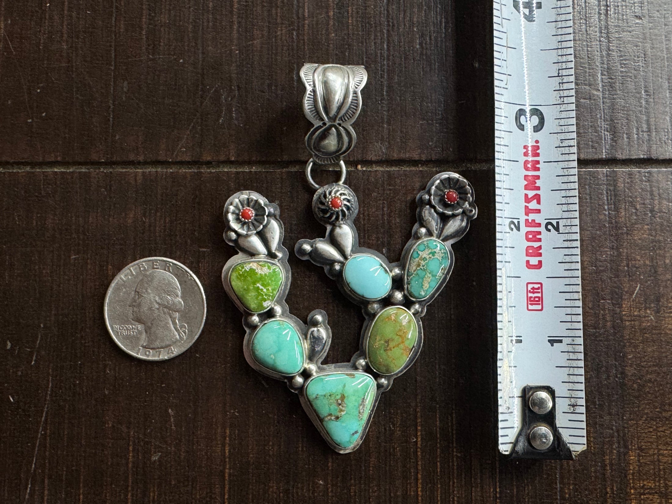 Native American Handmade Turquoise Cactus Sterling Silver Pendent - Artist Stamped