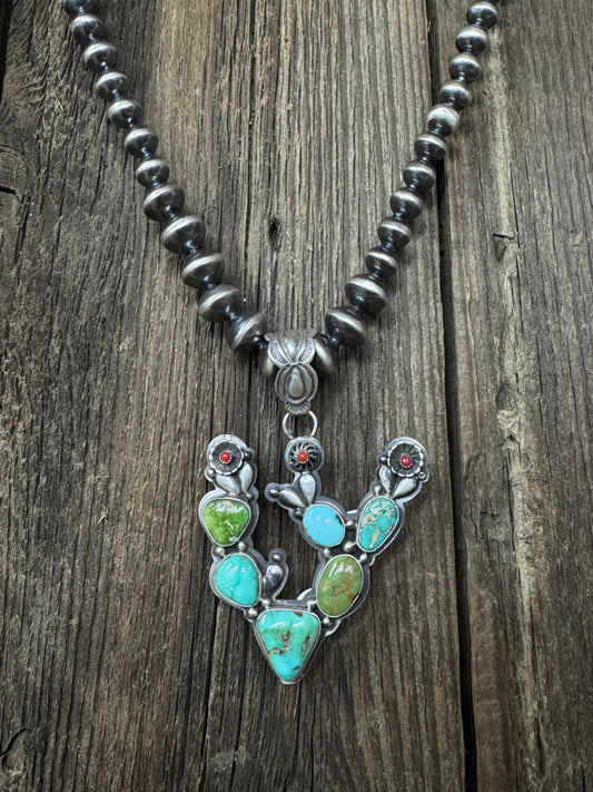 Native American Handmade Turquoise Cactus Sterling Silver Pendent - Artist Stamped