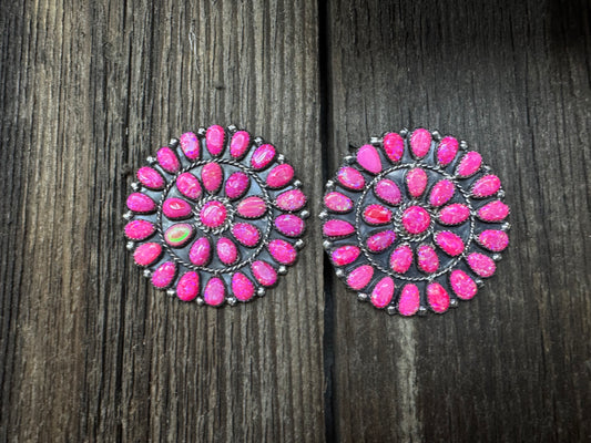Native American Pink Opal Cluster Sterling Silver Earrings - Artist Stamped
