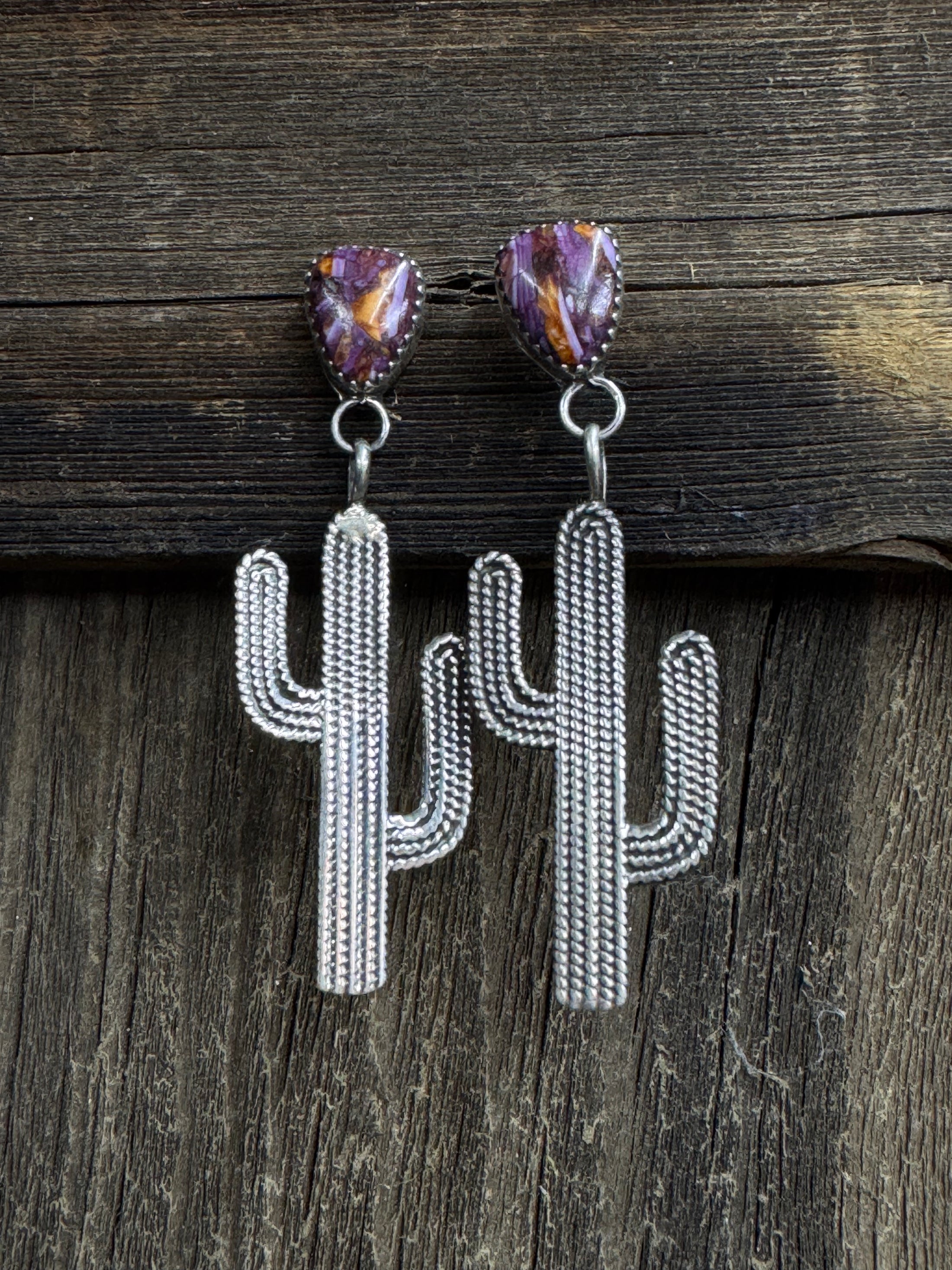 Native American Handmade Sterling Silver Cactus Earring with Purple/Orange Spiny Oyster
