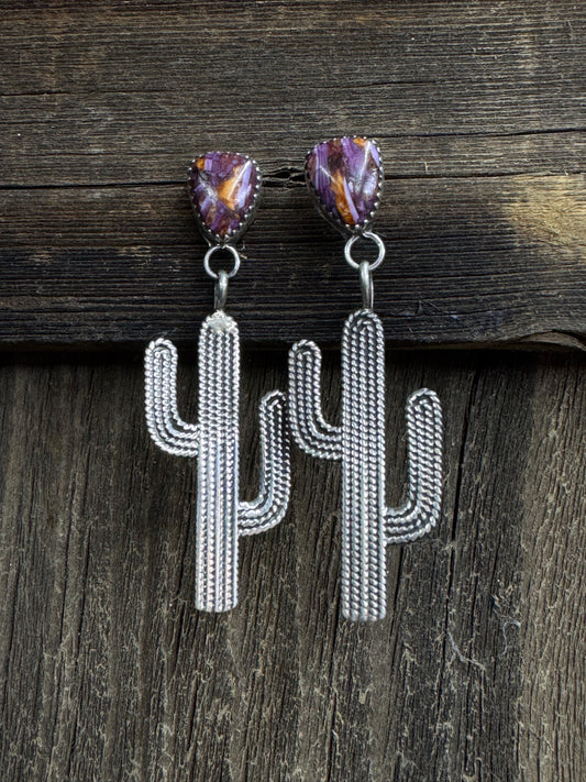 Native American Handmade Sterling Silver Cactus Earring with Purple/Orange Spiny Oyster