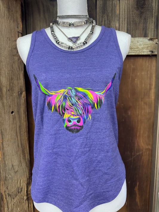 Purple Multi Color Highland Cow Racerback Tank Top