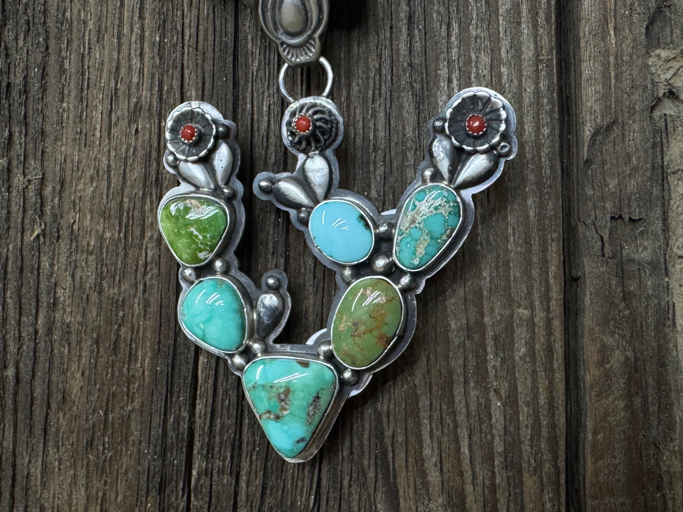 Native American Handmade Turquoise Cactus Sterling Silver Pendent - Artist Stamped