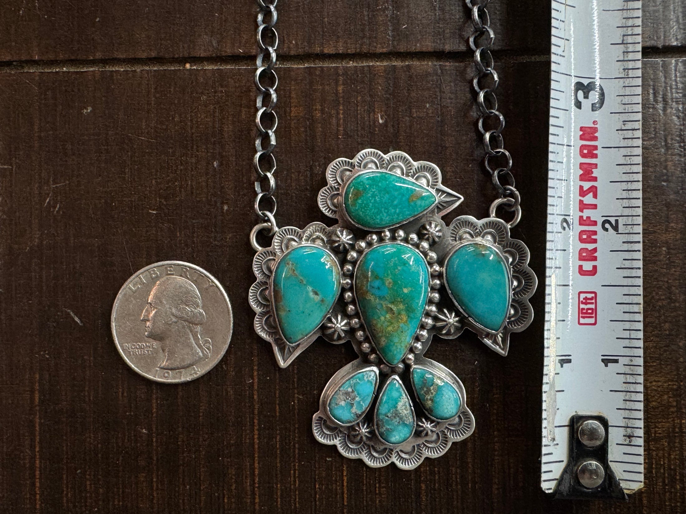 Native America Handmade Turquoise Sterling Silver Necklace - Artist Stamped