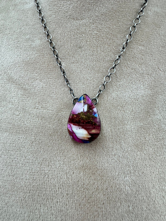 Colorful, spiny oyster pair, teardrop pendant necklace