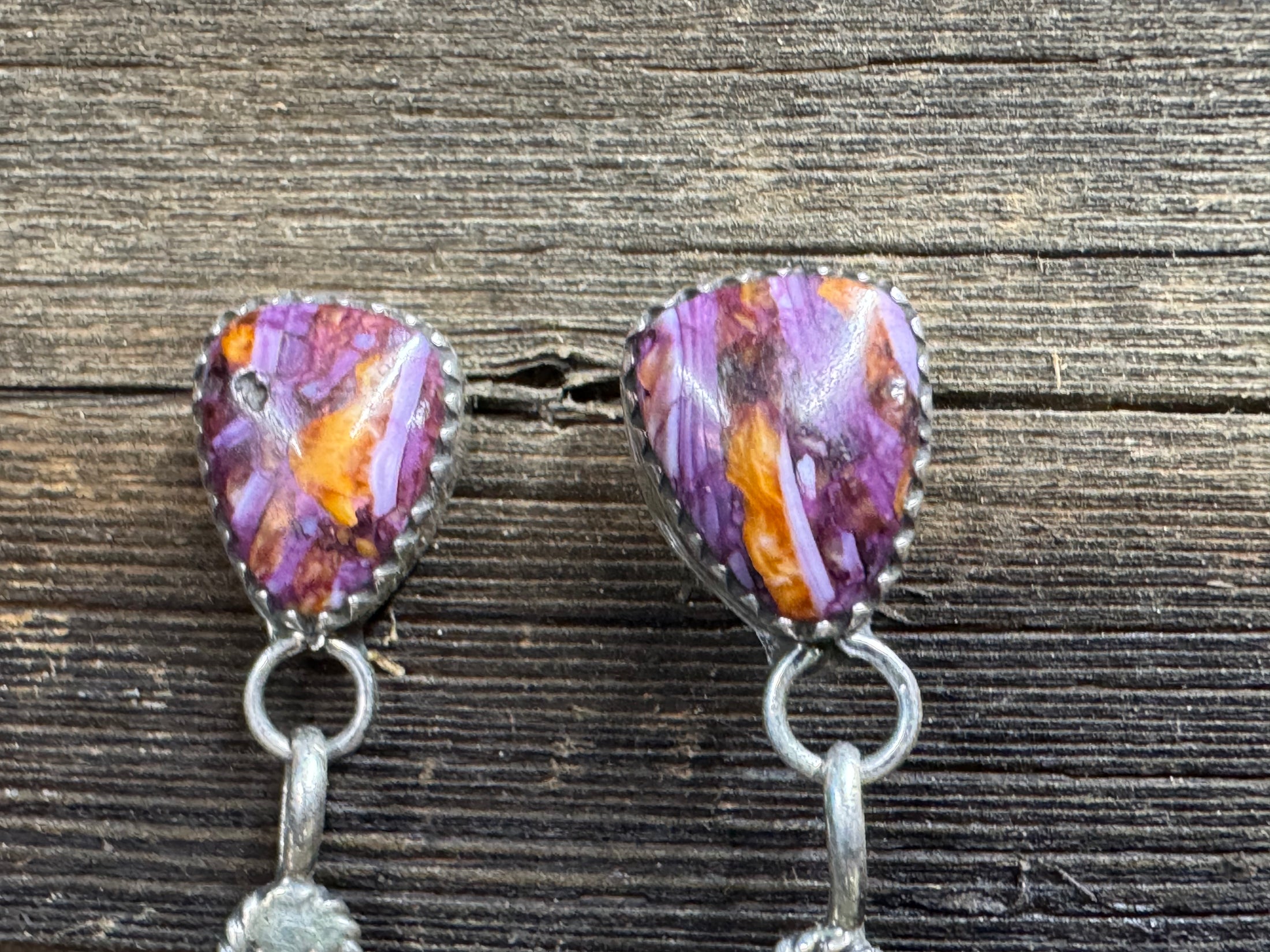 Native American Handmade Sterling Silver Cactus Earring with Purple/Orange Spiny Oyster
