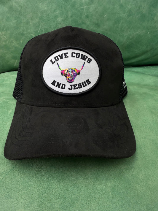 LOVE Cows and JESUS Patch- Black Suede Baseball Cap Hat