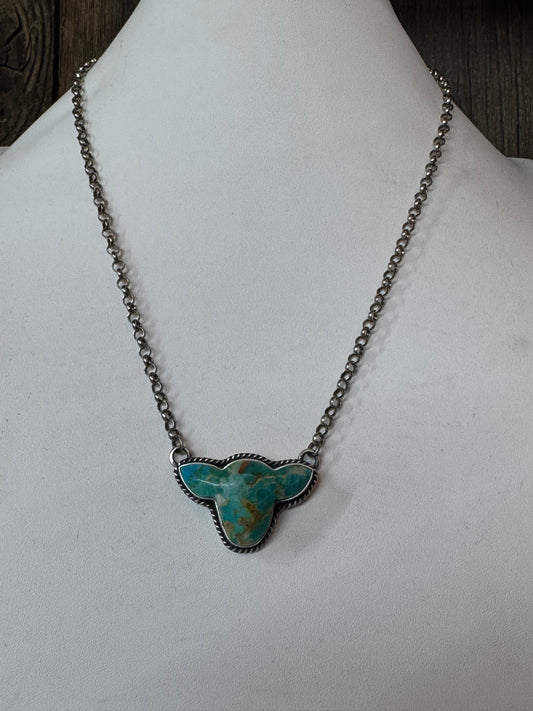 Handmade Turquoise Cow Head Sterling Silver Necklace - Artist Signed