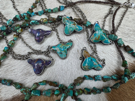 Handmade Turquoise Cow Head Sterling Silver Necklace - Artist Signed