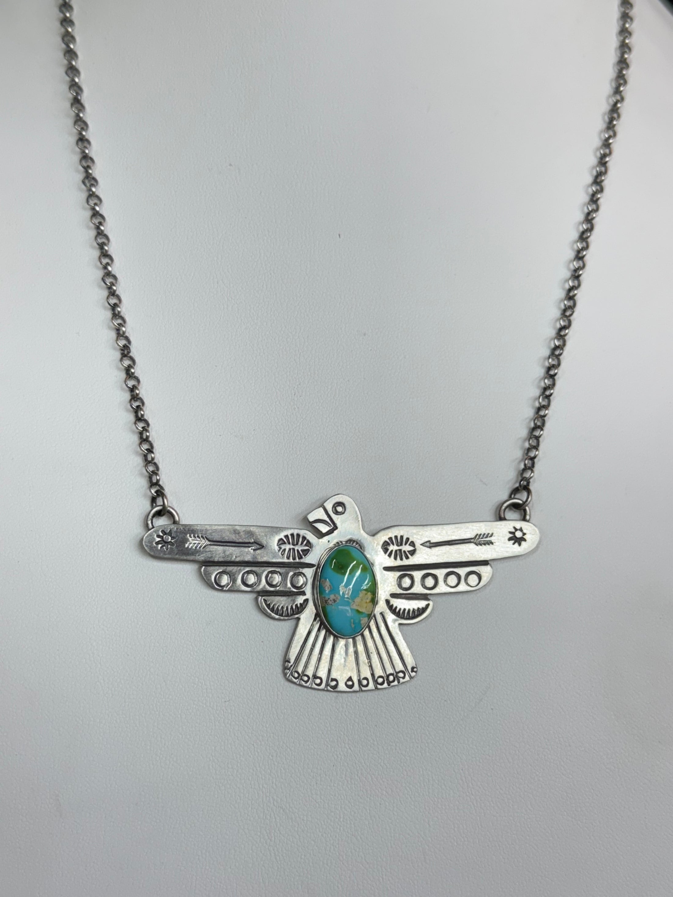Russell Sam Handmade Native American Sterling Silver Thunderbird with Turquoise - Artist Stamped