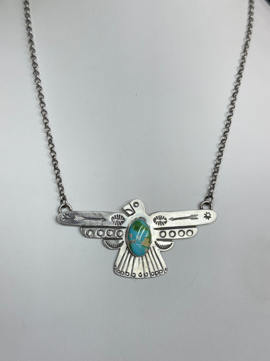 Russell Sam Handmade Native American Sterling Silver Thunderbird with Turquoise - Artist Stamped