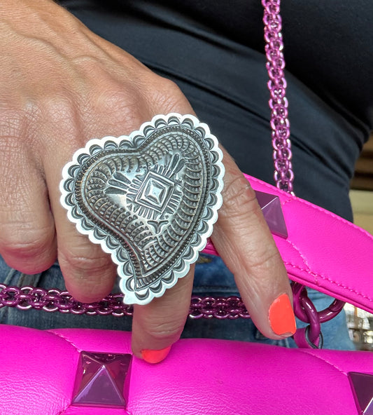 Statement Stamped Sterling Silver Artist Marked Heart Concho Ring