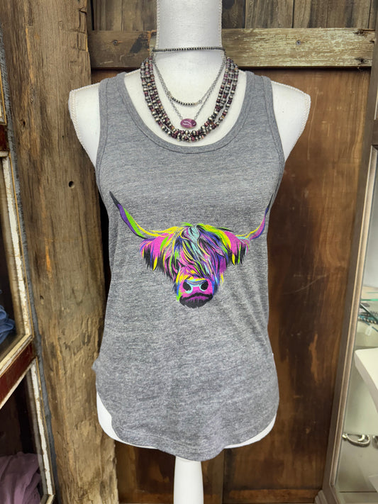 Gray Multi Color Highland Cow Racerback Tank Top