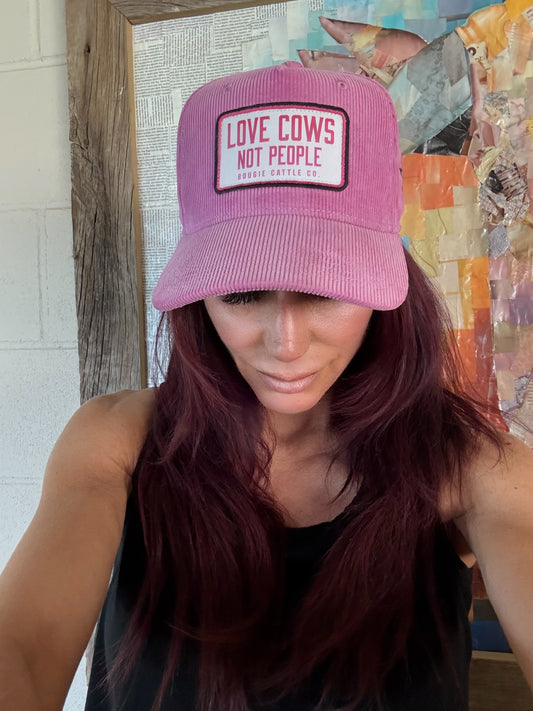 "Love cows, Not people" Pink Corduroy Patch Trucker Hat