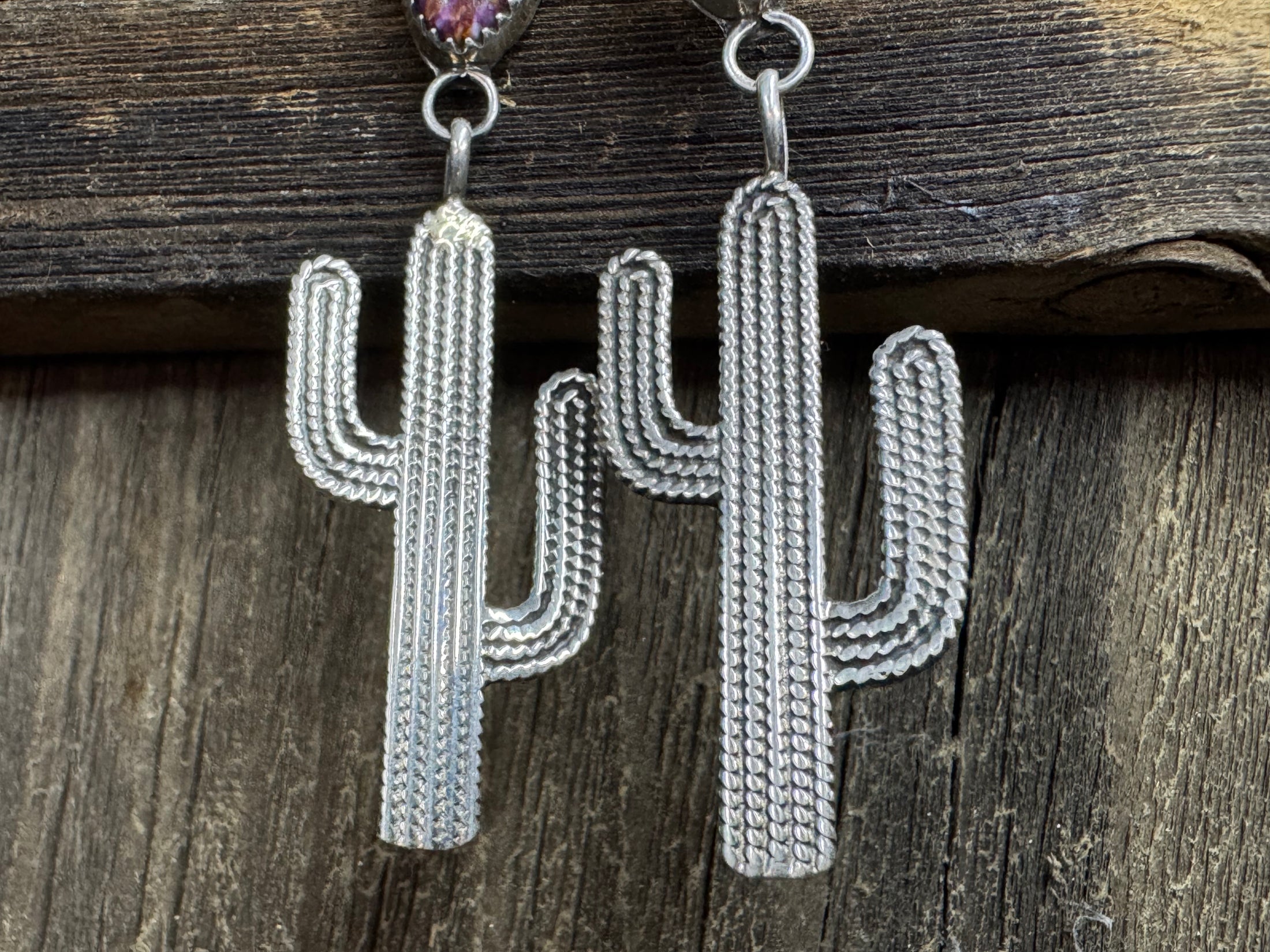 Native American Handmade Sterling Silver Cactus Earring with Purple/Orange Spiny Oyster