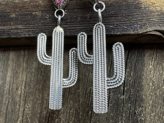 Native American Handmade Sterling Silver Cactus Earring with Purple/Orange Spiny Oyster