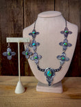 Load image into Gallery viewer, Sterling Silver Skull and Zia Symbol Turquoise Necklace with Earrings Set
