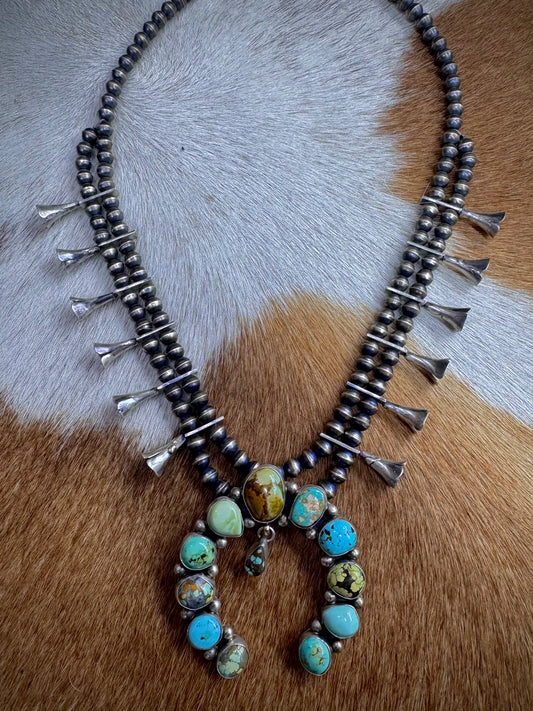 Handmade Native American Turquoise Sterling Silver Squash Blossom - Artist Signed